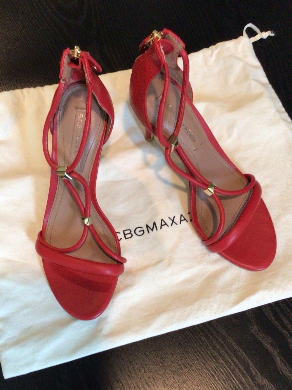 BCBGMaxAzria Red Strappy Heels with Gold Accents